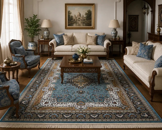 Arezou Royal Medallion Rug styled in a traditional living room beneath a coffee table and surrounded by classic furniture