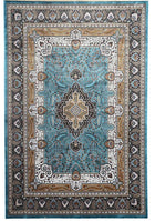 Arezou Royal Medallion Rug with medium blue field, central medallion, layered borders and dark ornamental outer border