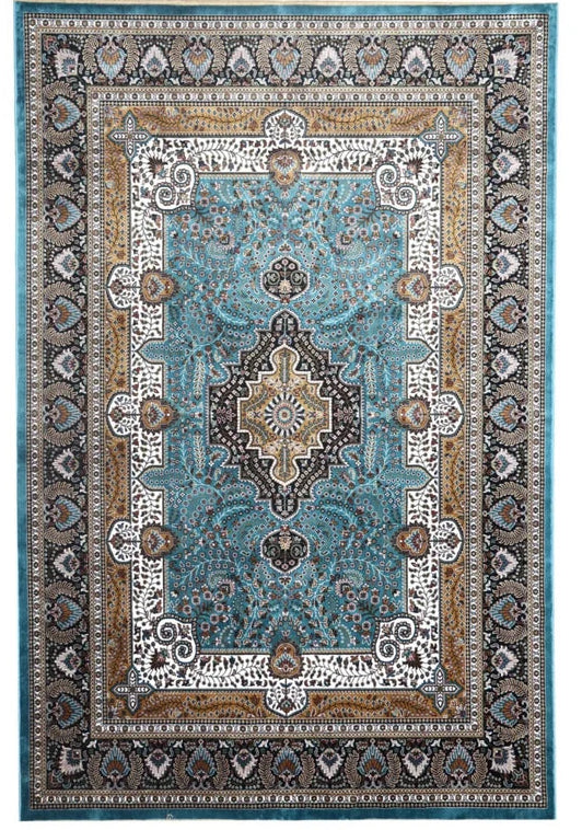 Arezou Royal Medallion Rug with medium blue field, central medallion, layered borders and dark ornamental outer border