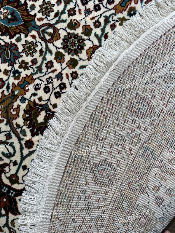 Round Persian-inspired floral rug with ivory fringe and patterned backing - Zarqaya RugNoor