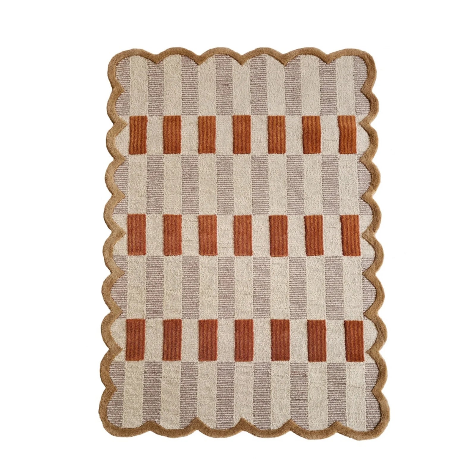 A rectangular area rug with a scalloped jute border, featuring a checkered pattern of beige, taupe, and rust-orange squares on a white background.