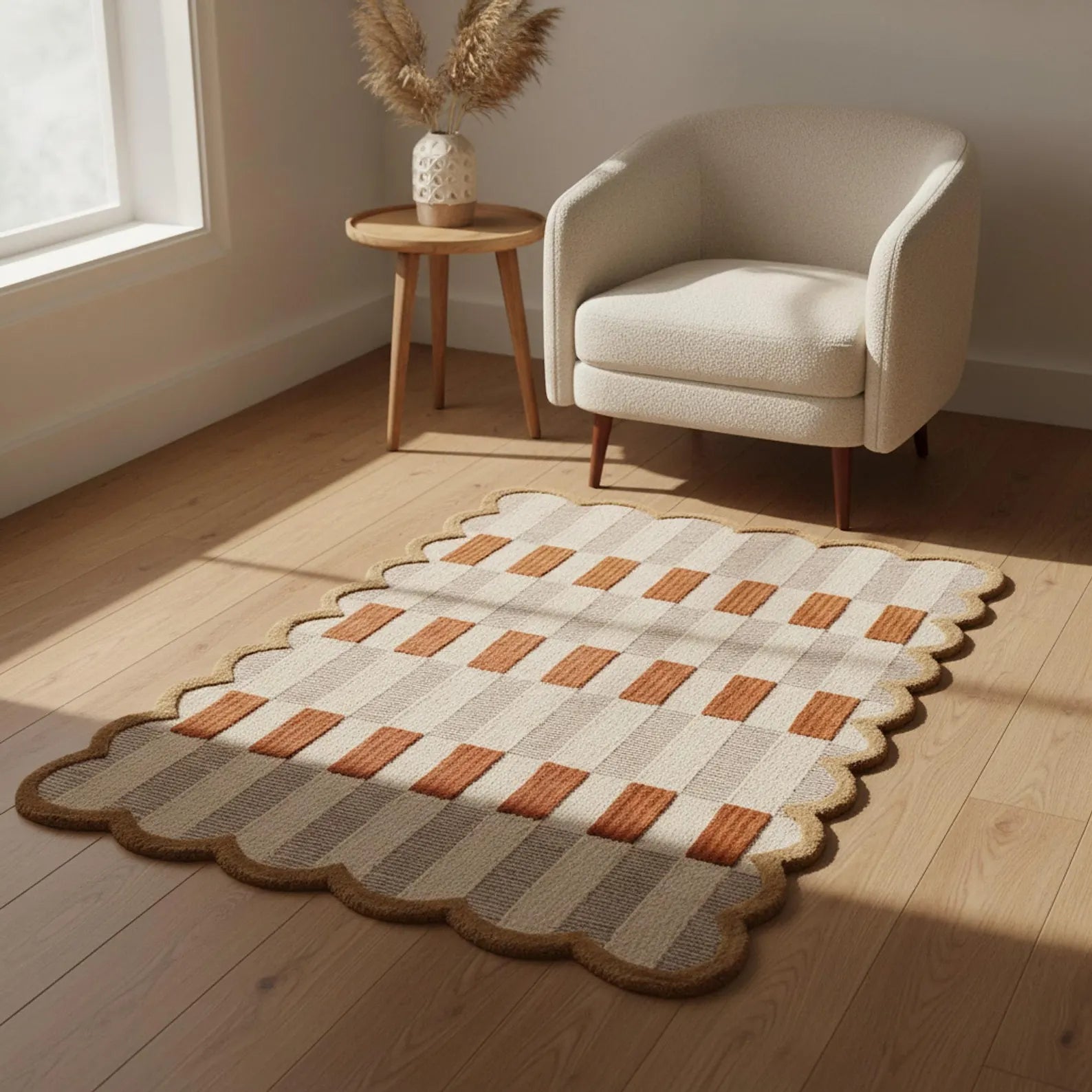 A rectangular area rug with a scalloped edge, featuring a woven checkerboard pattern in beige, brown, and terracotta orange, styled on a light wood floor in a sunlit room next to a cream armchair.