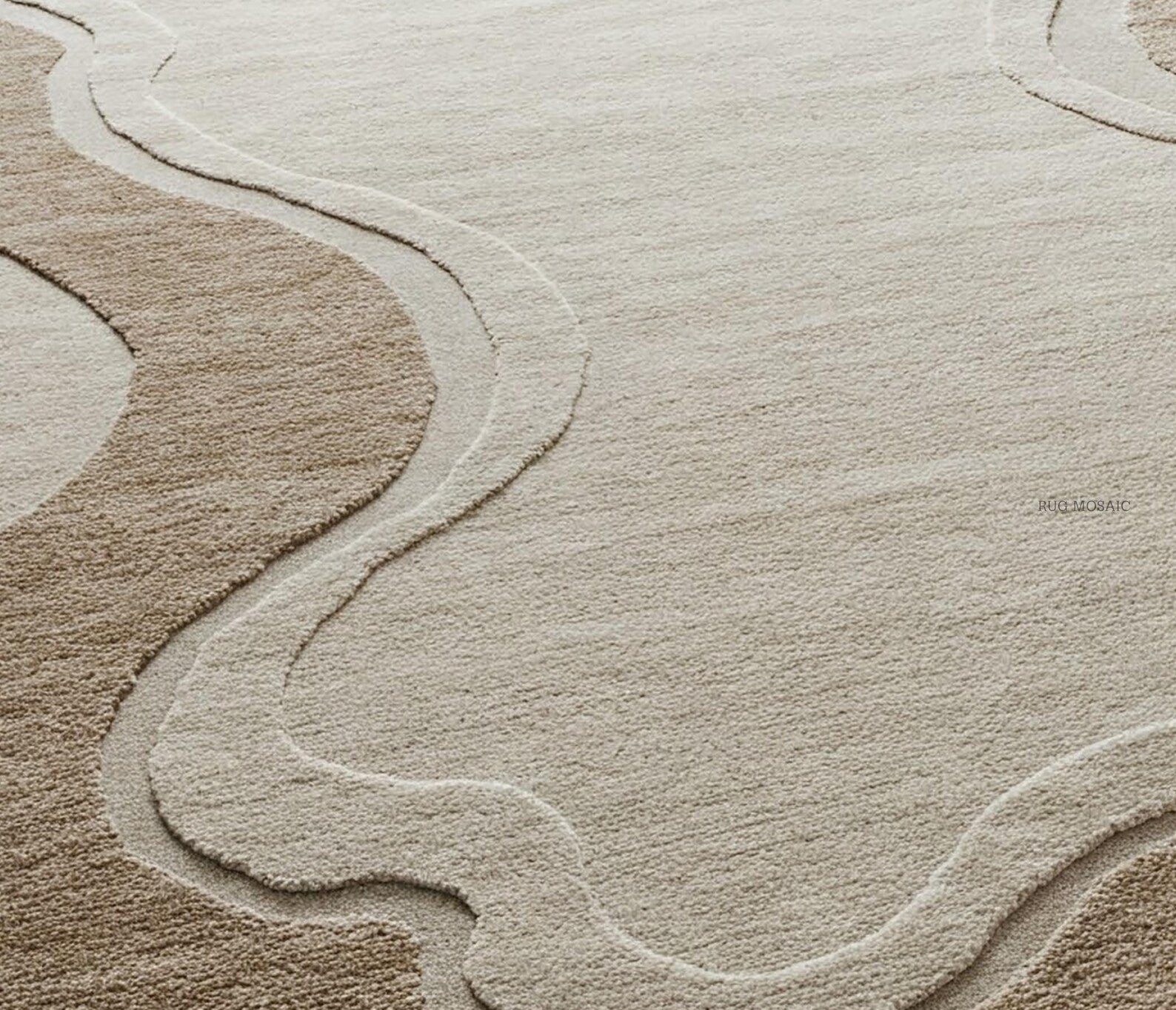 Close-up of a textured area rug with an abstract wavy pattern in warm beige and taupe tones.