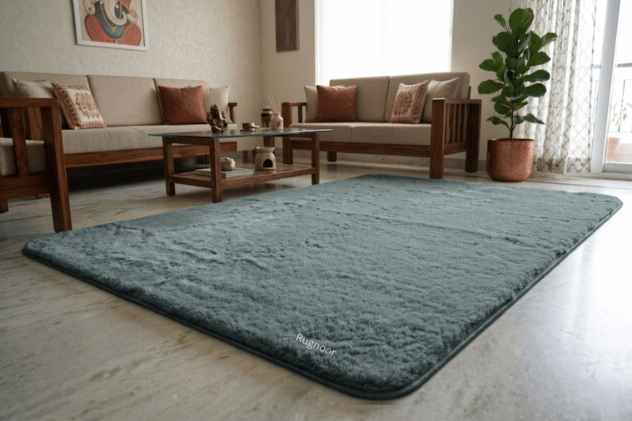 A ultra soft, rabbit fur area rug in a bluish gray color, shown in a modern living room setting with wooden furniture and a potted plant.
