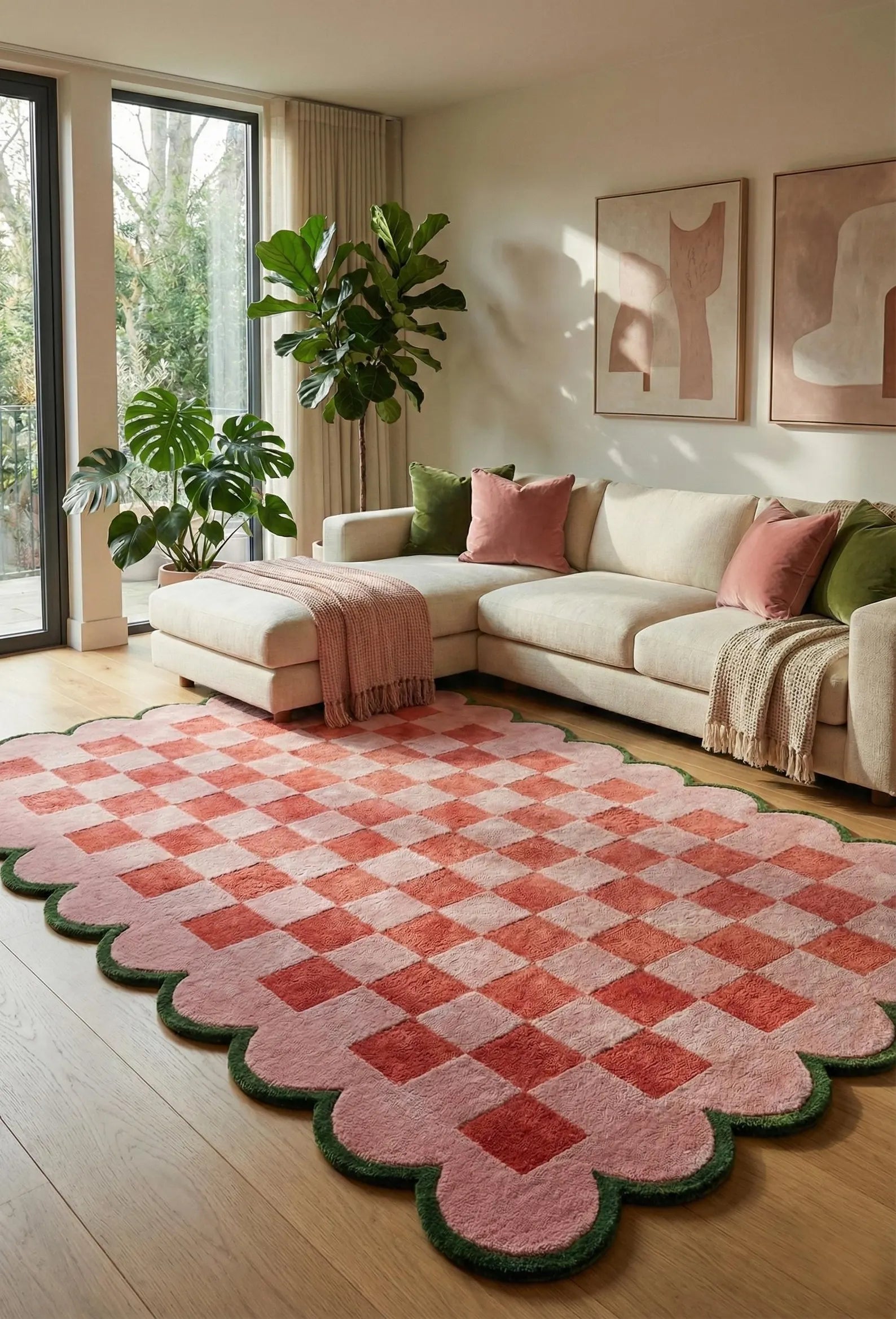 A large scalloped area rug with a pink and coral checkerboard pattern and a dark green border, styled in a modern living room with a cream sectional sofa and plants.