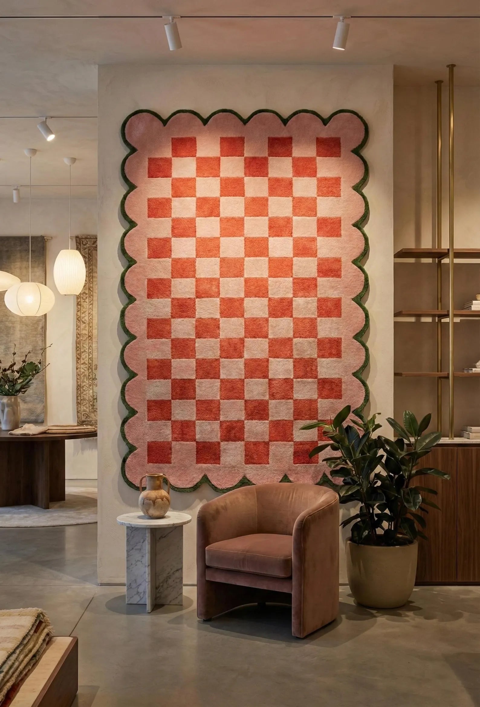 A large rectangular wall art piece with a scalloped border hangs on a wall in a modern interior. The artwork features a checkerboard pattern in coral red and off-white, bordered by a dark green outline.