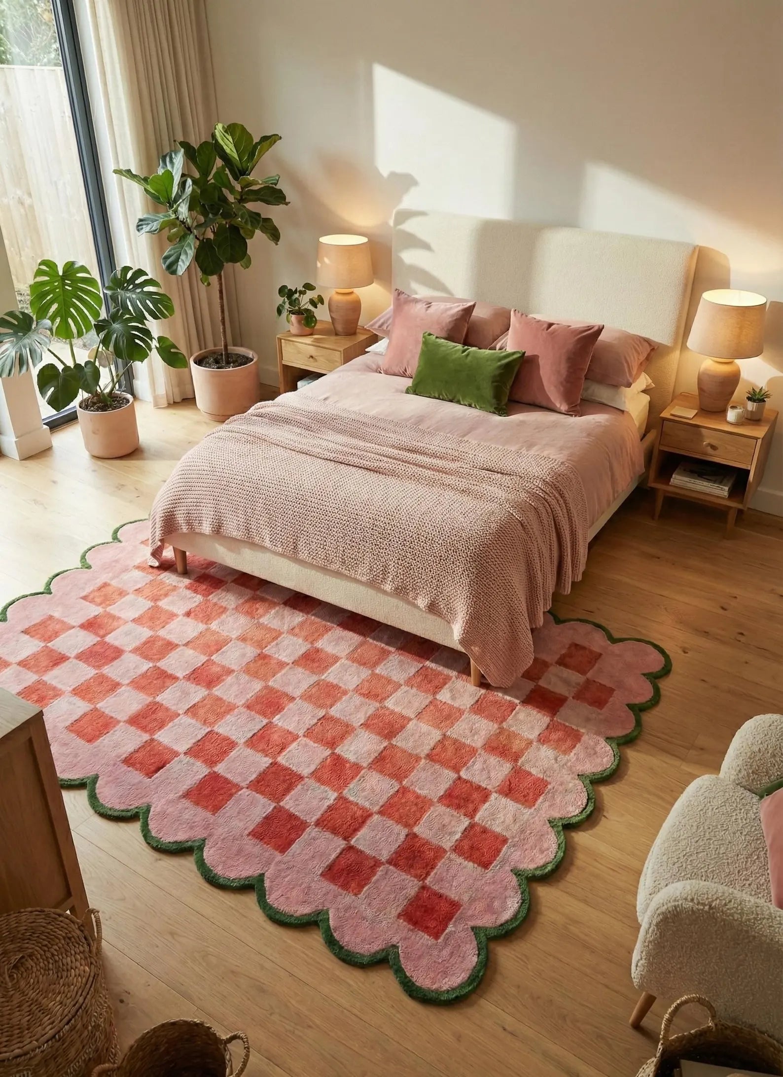 A pink and coral checkered scalloped area rug with a green border is styled on a light wood floor in a warm, sunlit bedroom with a bed, plants, and bedside lamps.