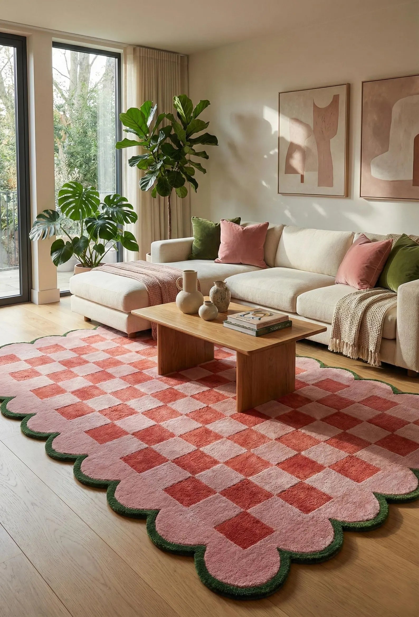 A large scalloped area rug in a pink checkerboard pattern with a dark green border, styled in a bright, modern living room with a wooden coffee table and a cream sectional sofa.