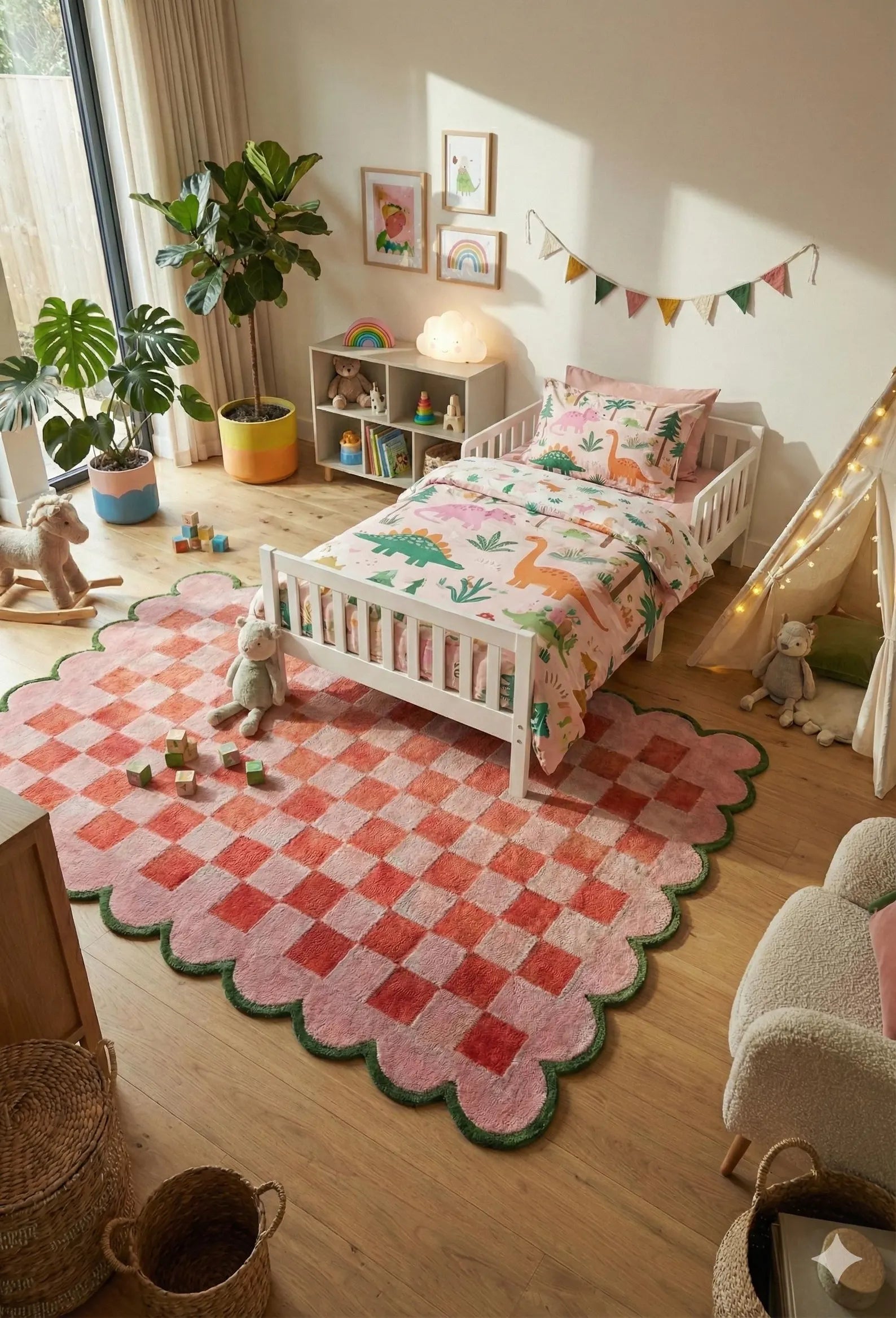 A styled children's bedroom featuring a prominent scalloped area rug with a pink and red checkerboard pattern and a dark green border. The room is decorated with a white wooden single bed, potted plants, a small bookshelf, and a cozy teepee tent.