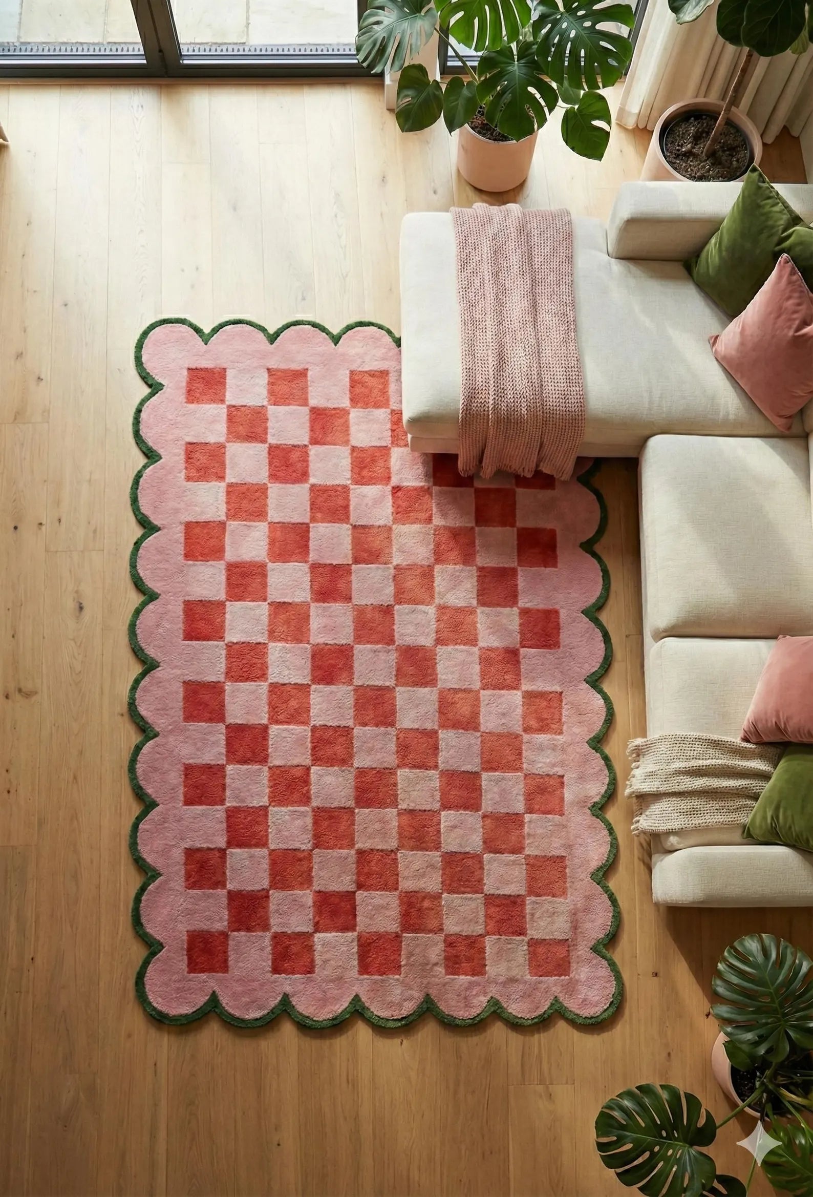 A pink and red checkered rug with a scalloped green border is styled on a light wood floor next to a cream-colored sofa with pink pillows and green plants.