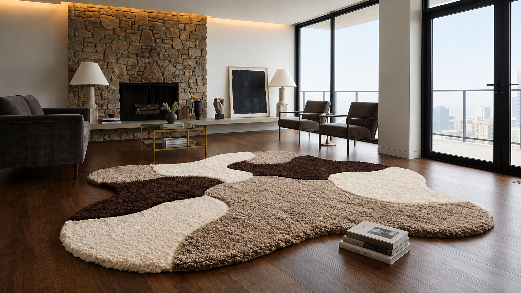 An organic-shaped shag area rug in cream, tan, and dark brown, styled in a modern living room with hardwood floors, a stone fireplace, and large windows.