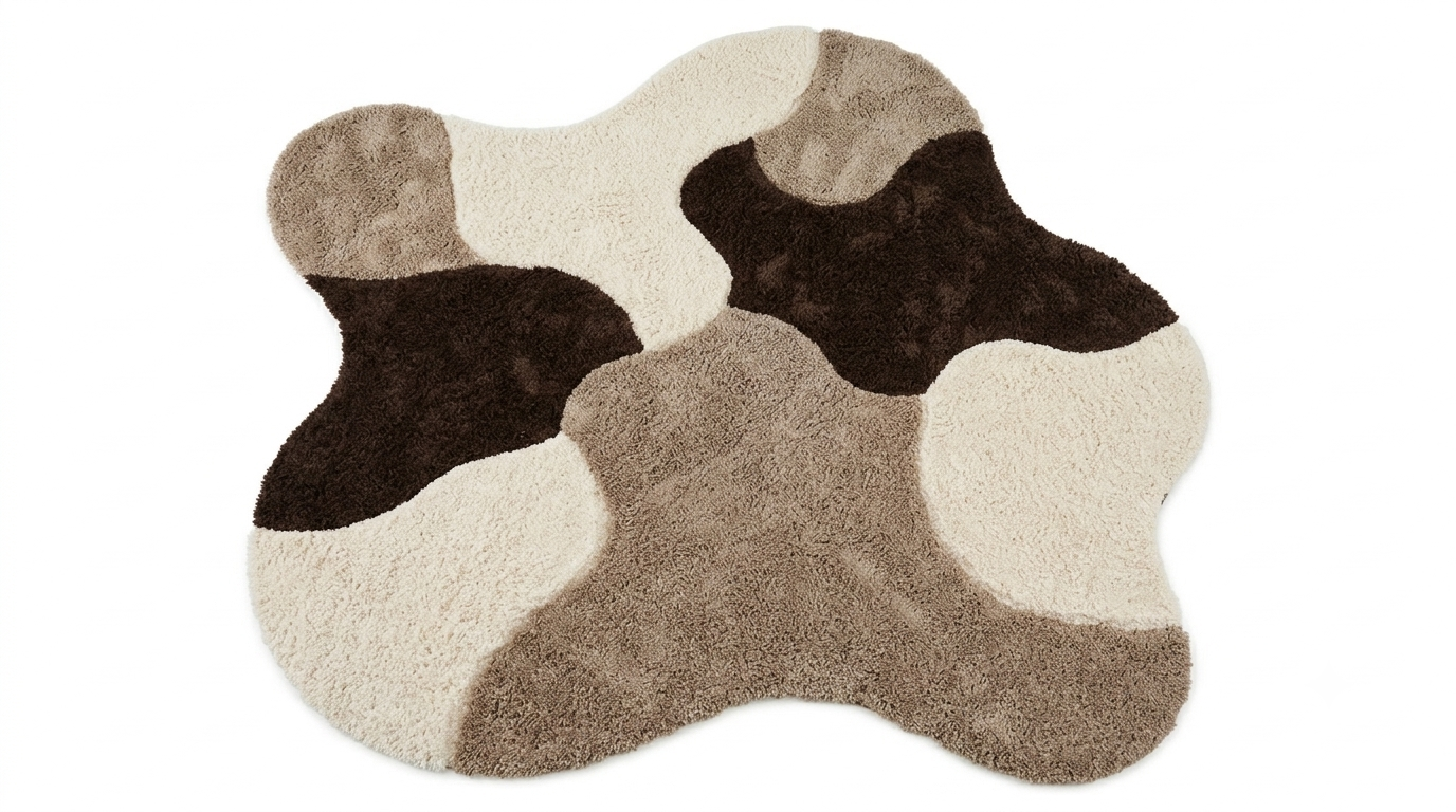 An irregularly shaped shag rug with a cow-print style pattern in cream, taupe, and dark brown, shown on a plain white background.