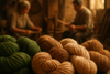 “Bundles of natural, eco-friendly yarn in green and earthy shades neatly arranged, with a subtle background of artisans working. Soft focus, warm tones, symbolizing ethical and responsible material sourcing.”