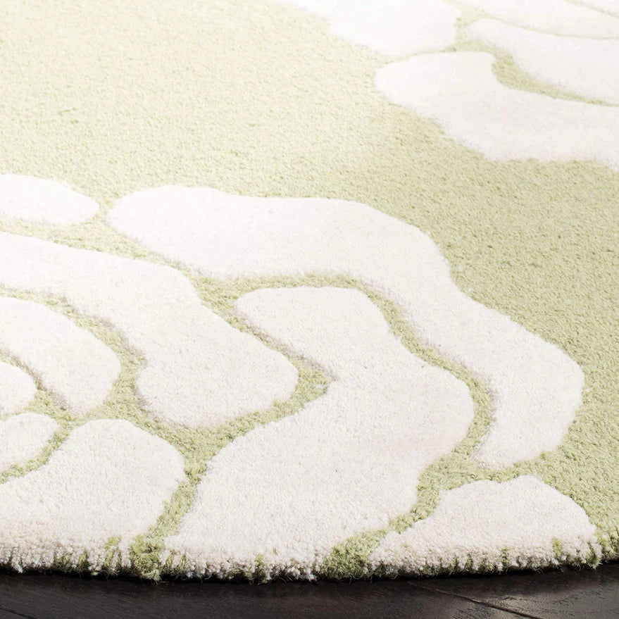 Green & White Round Hand Tufted Carpet