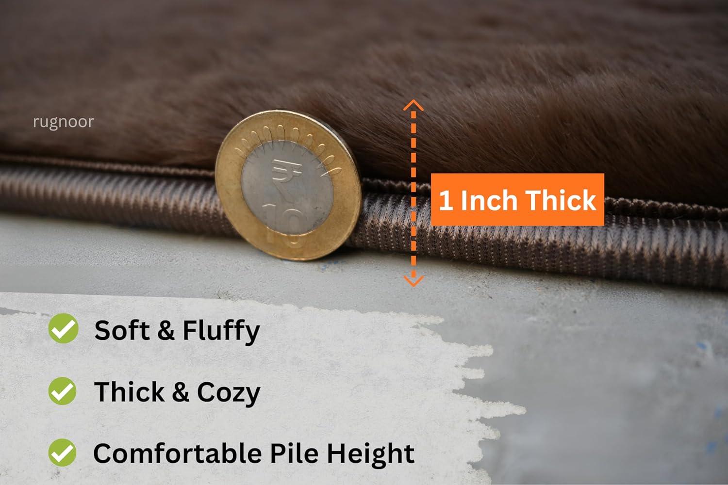 Close-up of a coffee brown fluffy rabbit fur rug having pile 1 inch thickness and feature text listing soft, fluffy texture, thick cozy pile, and comfortable height.