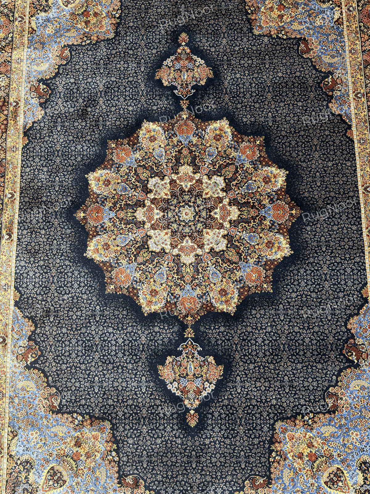 Close-up of the ornate central floral medallion with cream, rust, gold, and blue details by RugNoor