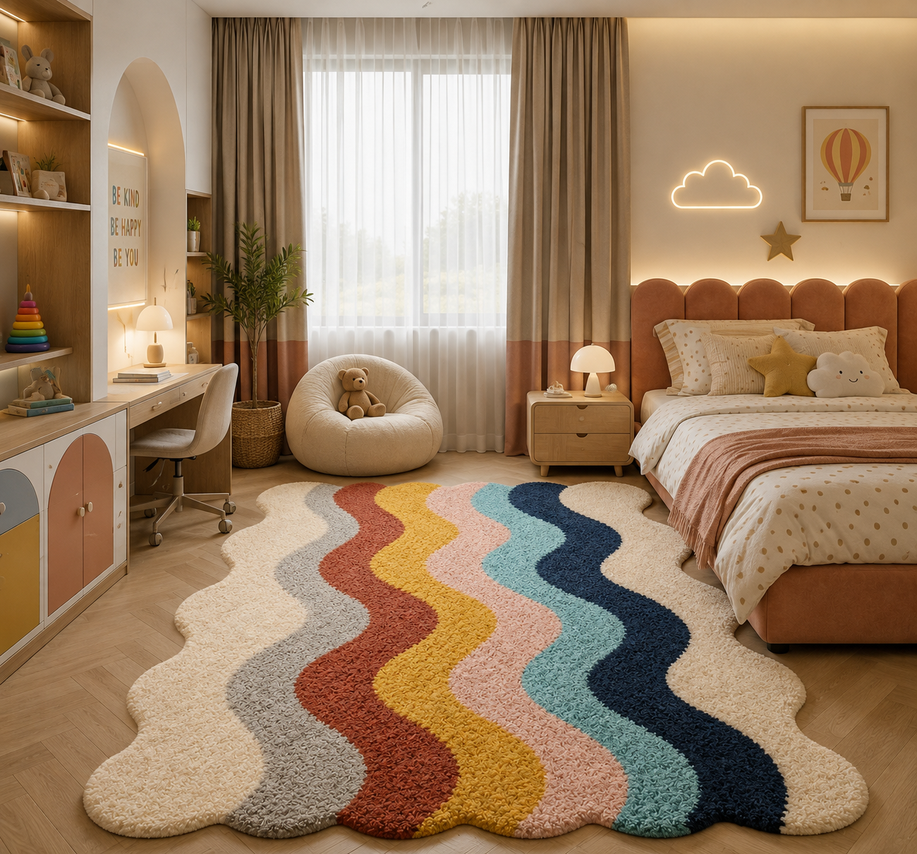 A large, cloud-shaped shag rug with wavy rainbow stripes in cream, gray, rust red, mustard yellow, peach, light blue, and navy, styled in a warm, modern children's bedroom next to a bed and desk.