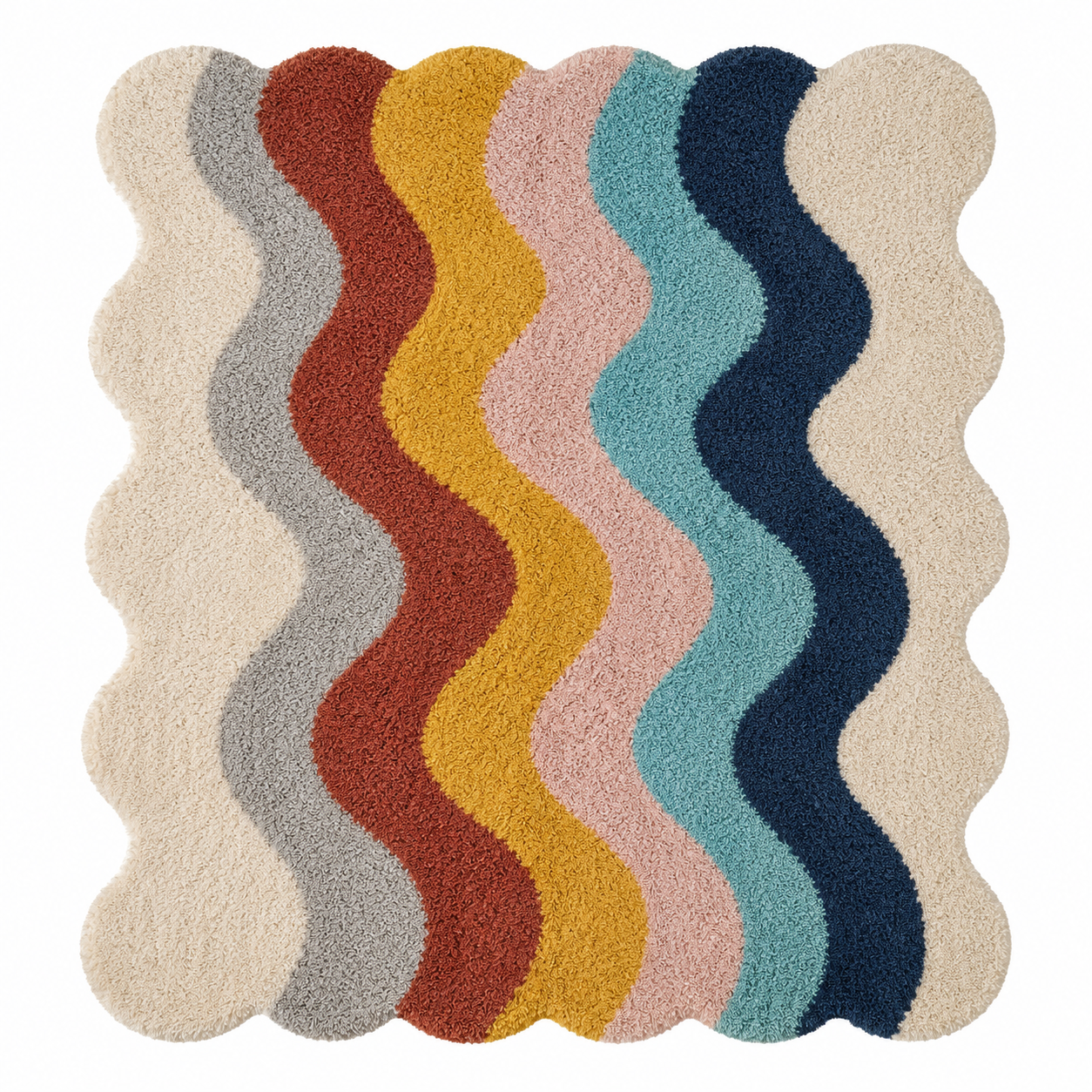 A square shag rug with a wavy scalloped edge and vertical wavy stripes in cream, gray, rust red, mustard yellow, blush pink, light blue, navy, and cream.