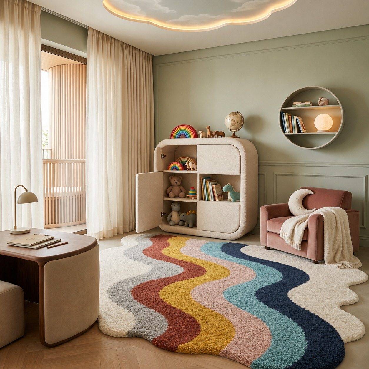 A modern children's room featuring a prominent wavy, cloud-shaped shag rug in pastel colors. The room has sage green walls, a cream-colored storage cabinet with toys, a pink armchair with a cream throw, and a cloud-shaped ceiling light.
