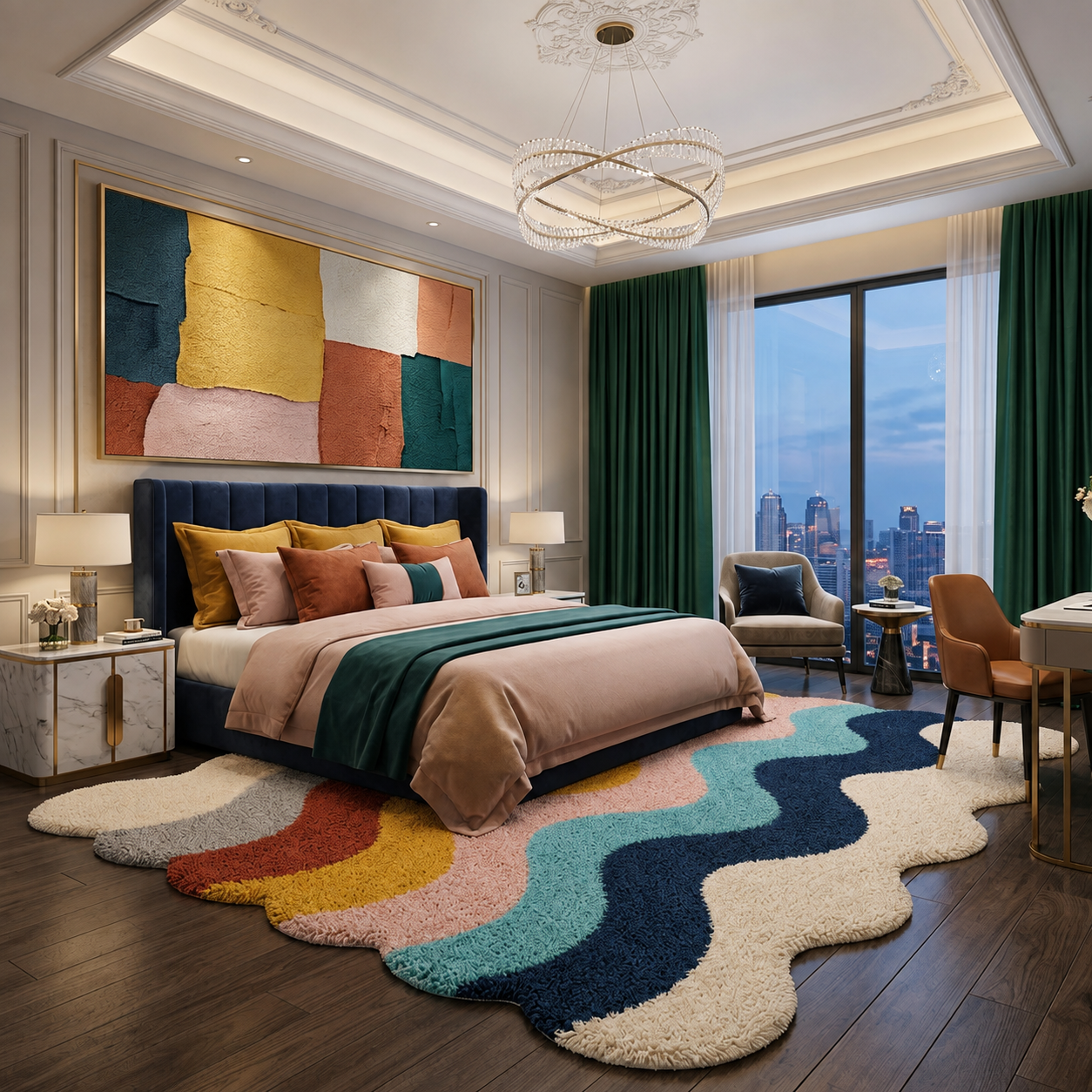 A luxury modern bedroom featuring a large wavy shag area rug in cream, yellow, red, pink, and teal. The room is styled with a dark blue tufted bed, beige and pink bedding, a colorful abstract wall art piece, and a large window with green curtains overlooking a city skyline.
