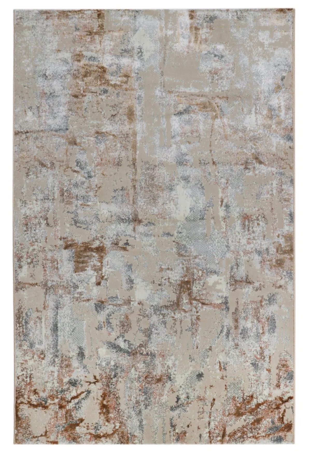 Crossfade modern abstract rug in beige, ivory, taupe, muted rust and grey-blue with a distressed pattern and subtle viscose sheen.