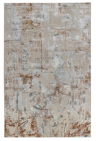 Crossfade modern abstract rug in beige, ivory, taupe, muted rust and grey-blue with a distressed pattern and subtle viscose sheen.