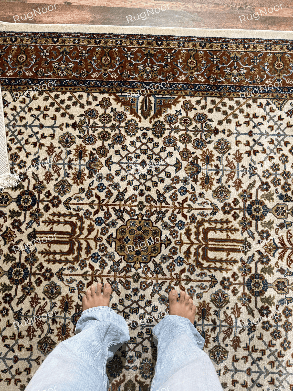 Close-up of intricate floral and vine motifs on the ivory field of Ghazal rug - RugNoor