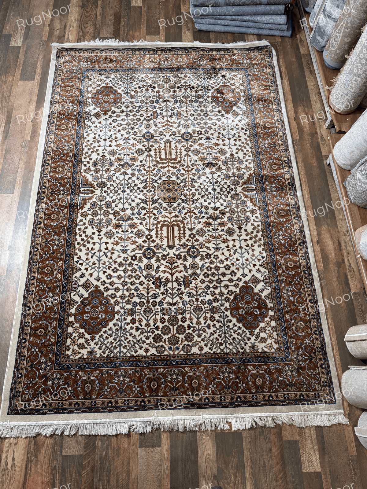 Ivory traditional floral rug with rust-brown borders and delicate ornamental motifs - Ghazal RugNoor