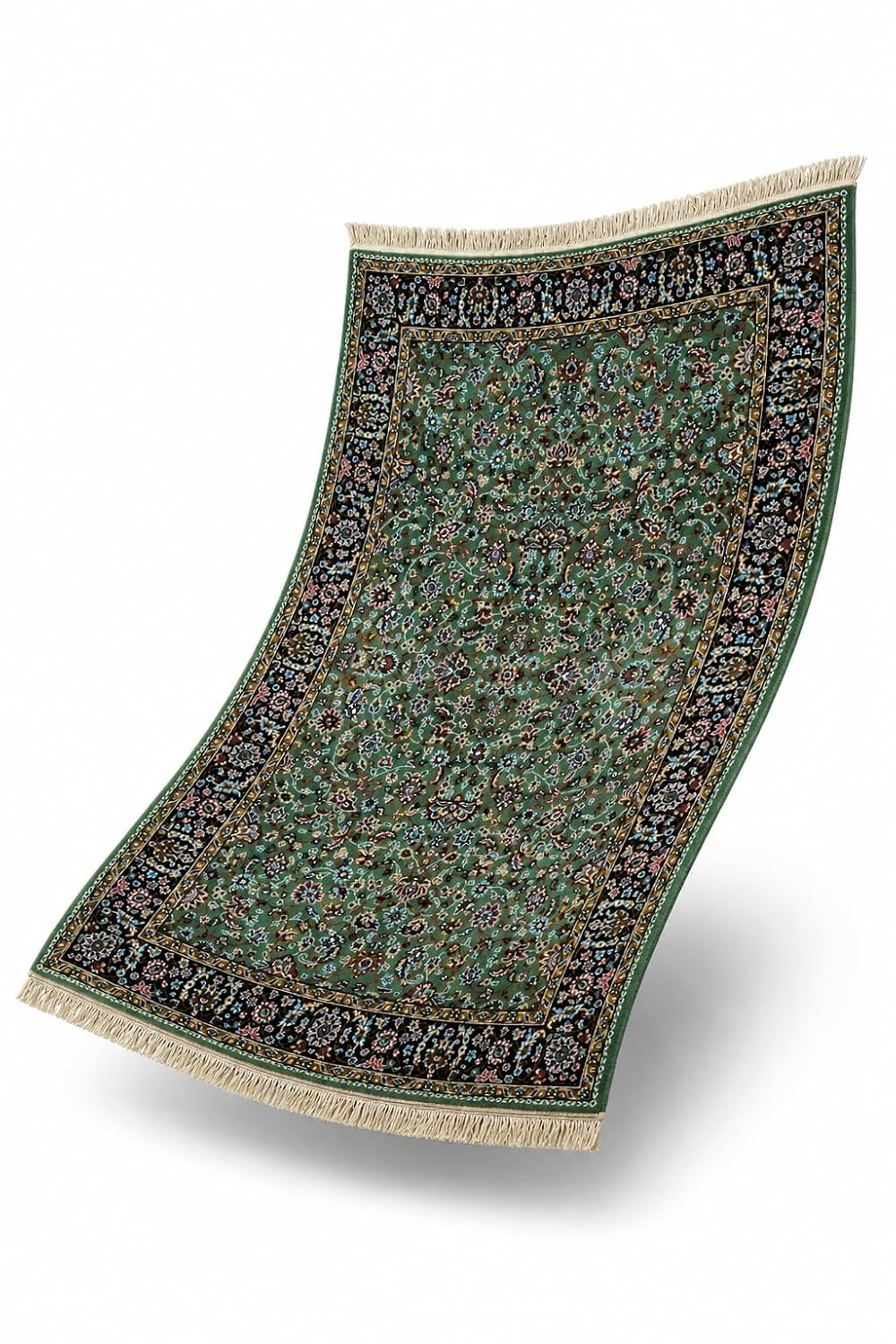 Golshan Royal Floral Rug displayed against a white background with green field, floral motifs and fringe