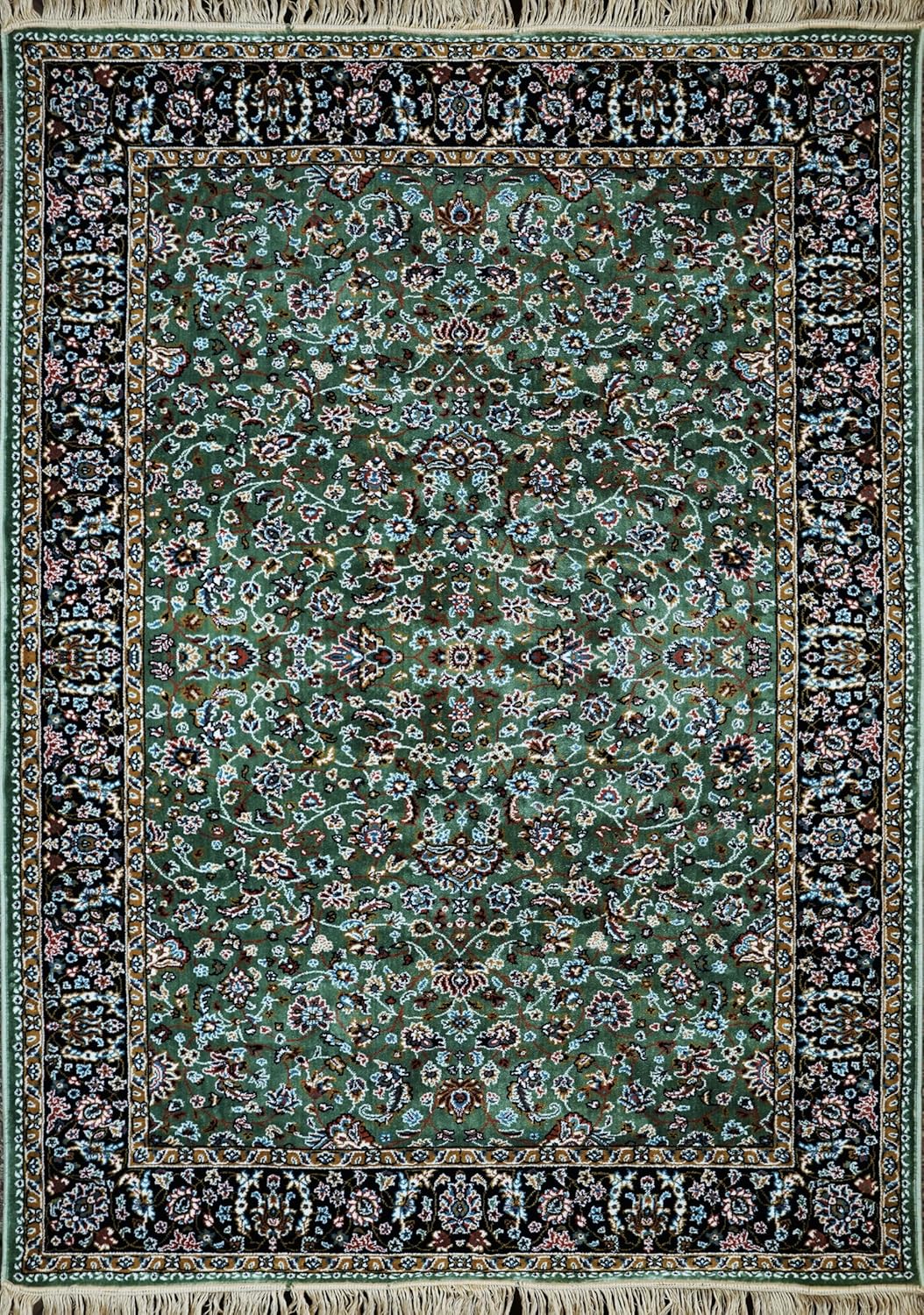 Golshan Royal Floral Rug with rich green field, dense floral motifs, dark ornamental border and fringe