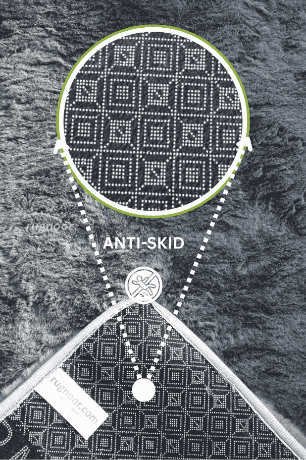 Gray faux fur rug with anti-skid backing, featuring a close-up of the non-slip base for added grip and floor protection.