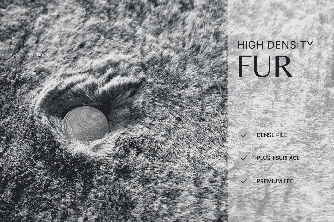 Close-up of a grey faux fur rug with a coin showing the high-density pile. Text highlights dense pile, plush surface, and premium feel.