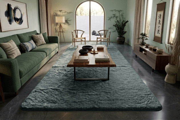 A large, soft rabbit fur carpet, area rug in a grey color, styled in a modern, elegant living room with a green sofa, wooden coffee table, and dark tiled floors.