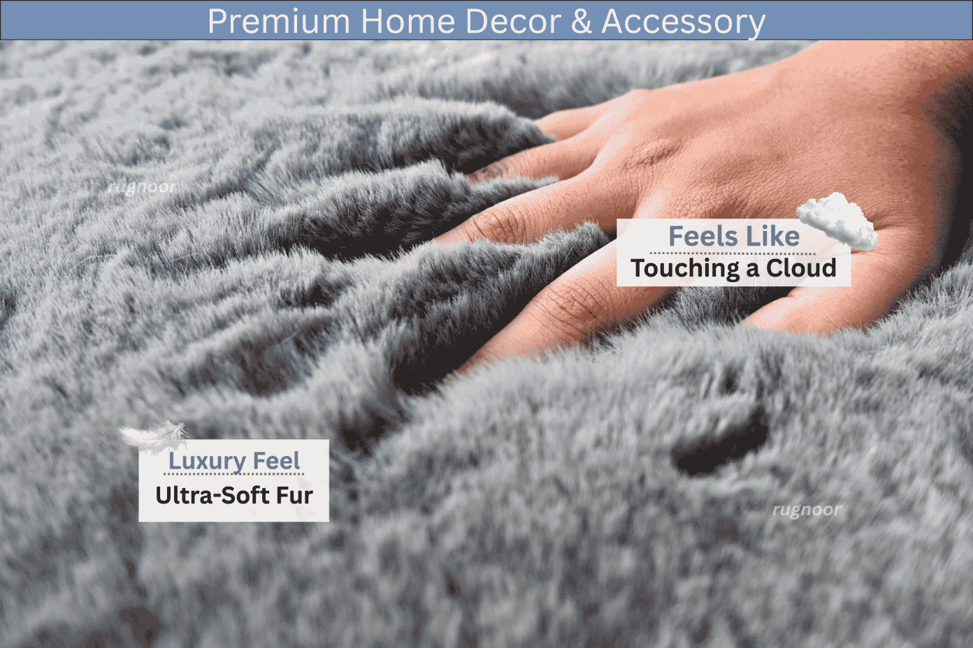Close-up of a grey faux fur rug with a hand pressing into the plush surface. Text highlights its ultra-soft feel and cloud-like comfort.