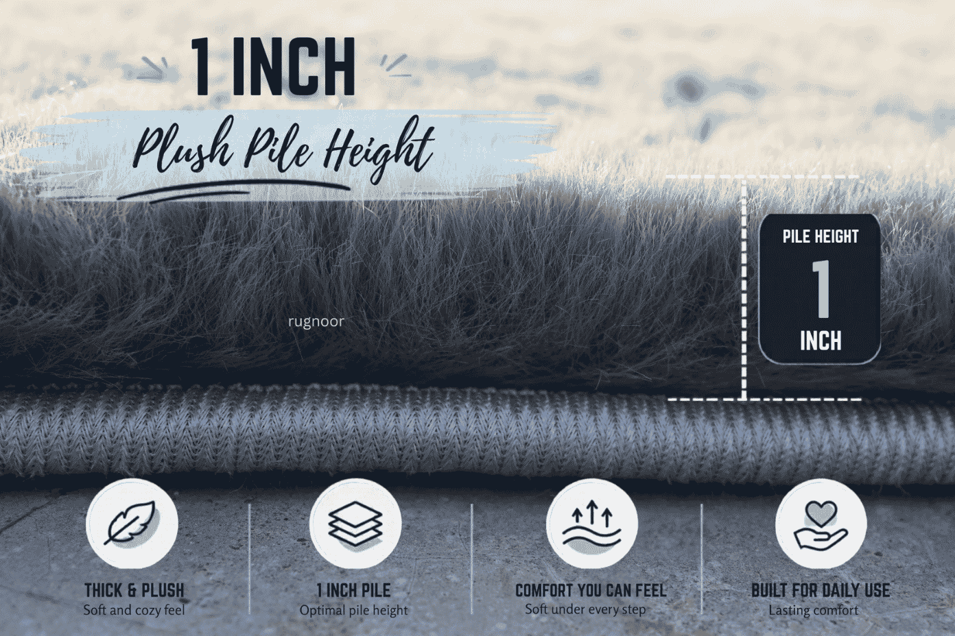 Gray faux fur rug with a 1-inch plush pile height, highlighting its thick, soft texture and everyday comfort.