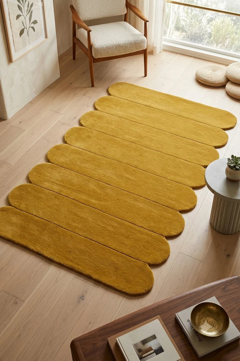 A set of eight mustard yellow oval-shaped shag rugs arranged in a staggered pattern on a light wood floor in a modern, sunlit room.