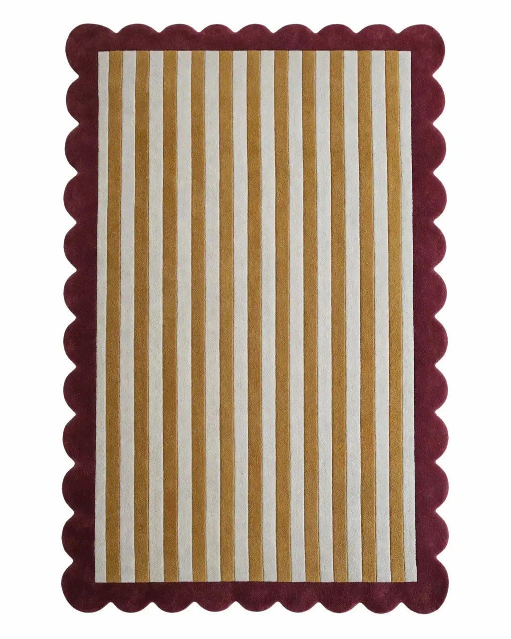 A rectangular area rug with a scalloped burgundy border and vertical stripes in burgundy and cream, shown flat against a white background.