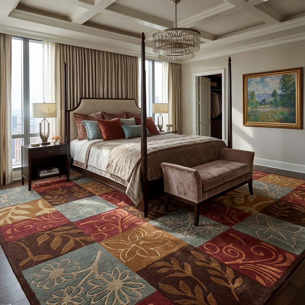 Harvest Patchwork hand-tufted wool rug featuring burgundy, brown, rust, mustard, and muted blue floral squares in a bedroom