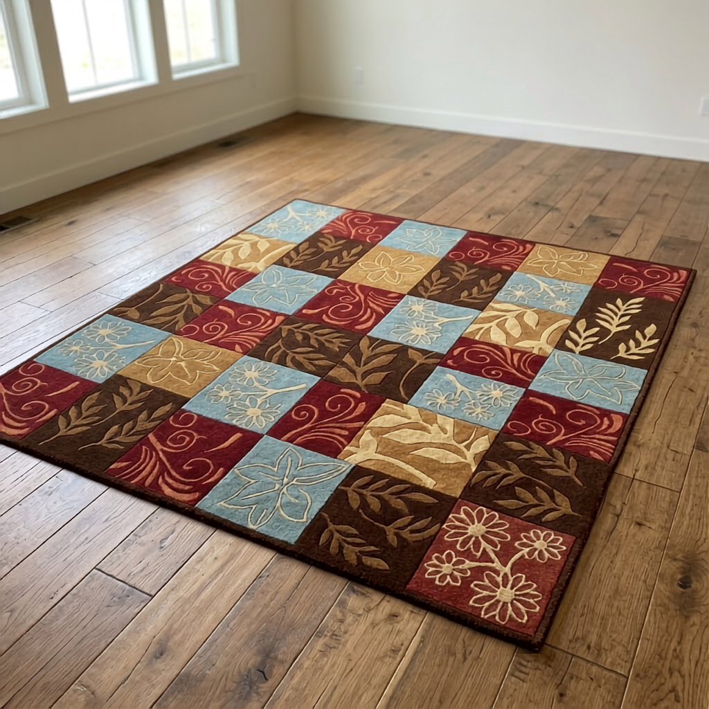 Harvest Patchwork hand-tufted wool rug displayed in a neutral room, highlighting its rich burgundy, brown, rust, mustard, and blue palette