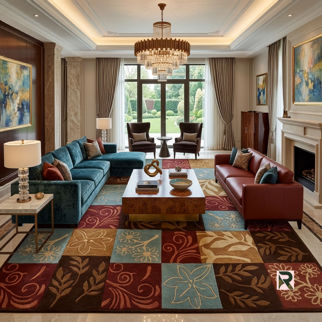 Harvest Patchwork wool rug with colorful floral and botanical patchwork squares styled in an elegant living room