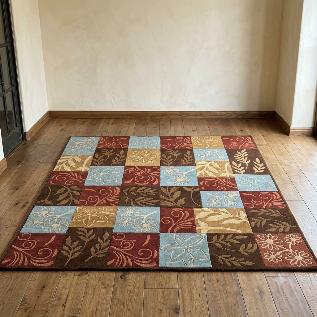 Harvest Patchwork wool rug displayed on a wood floor, highlighting its full rectangular patchwork composition