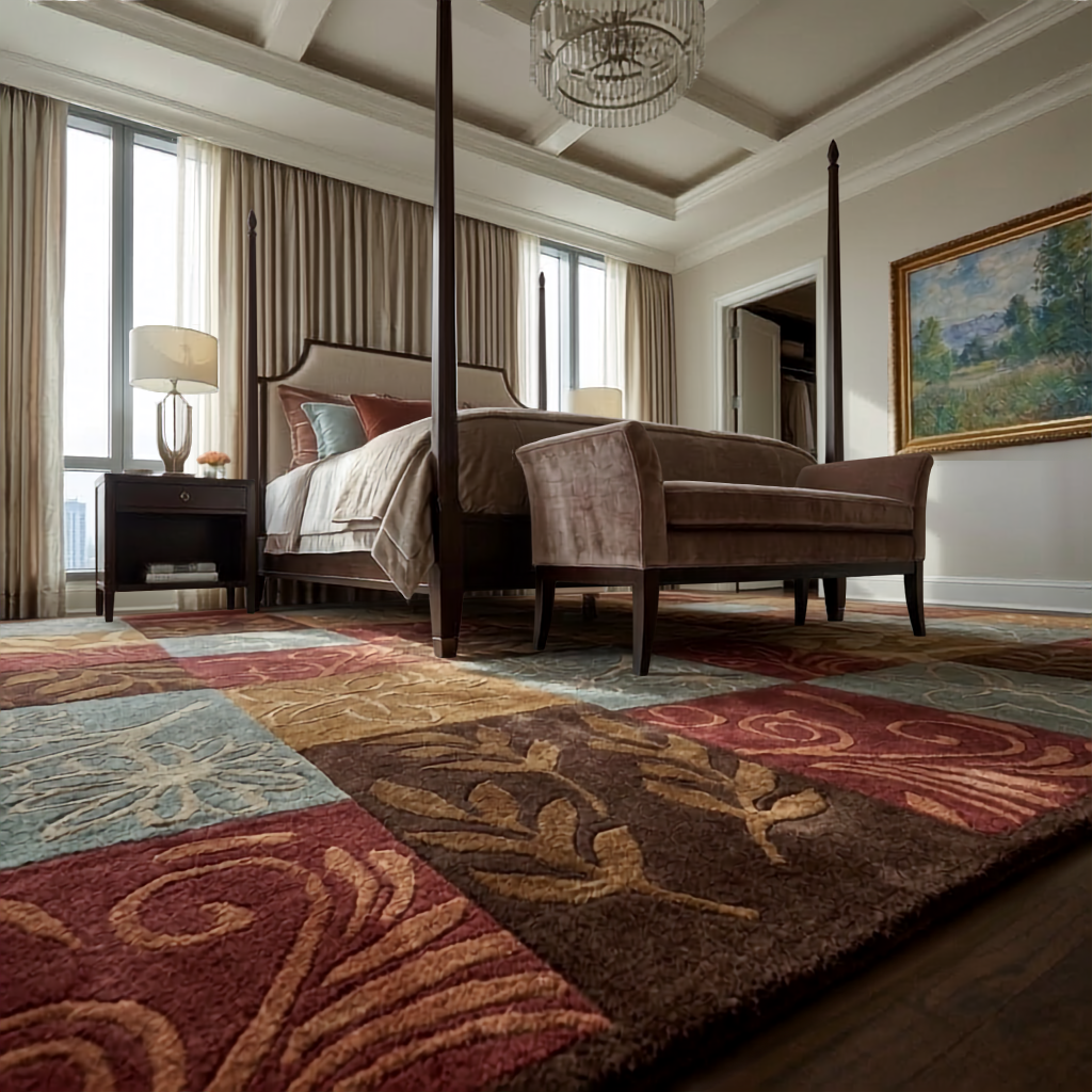 Close-up of Harvest Patchwork hand-tufted wool rug showing its raised pile and detailed botanical pattern
