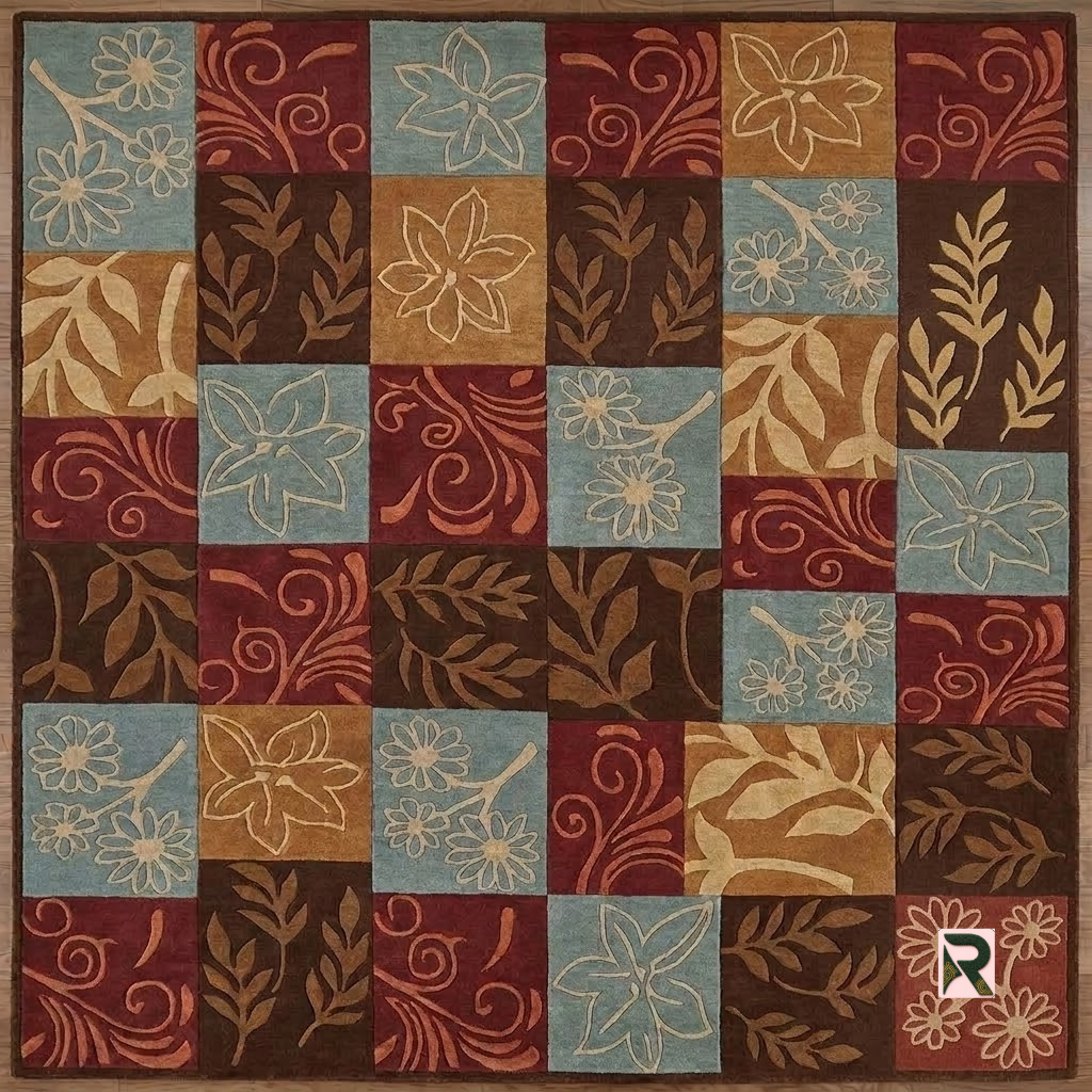 Harvest Patchwork wool rug shown from above with alternating floral, leaf, and scroll designs arranged in a patchwork grid
