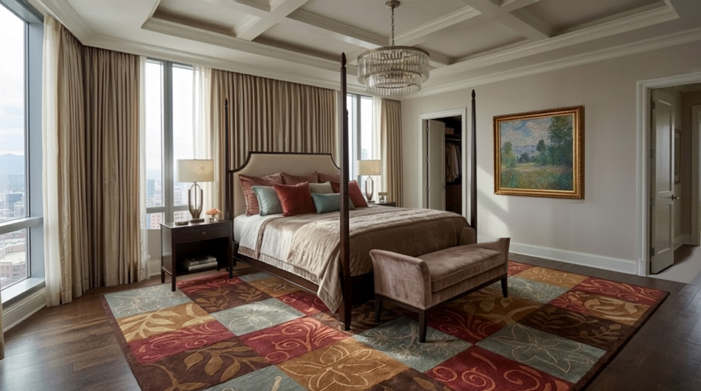 Harvest Patchwork wool rug extending beneath a four-poster bed with warm autumn-inspired colors and botanical patterns