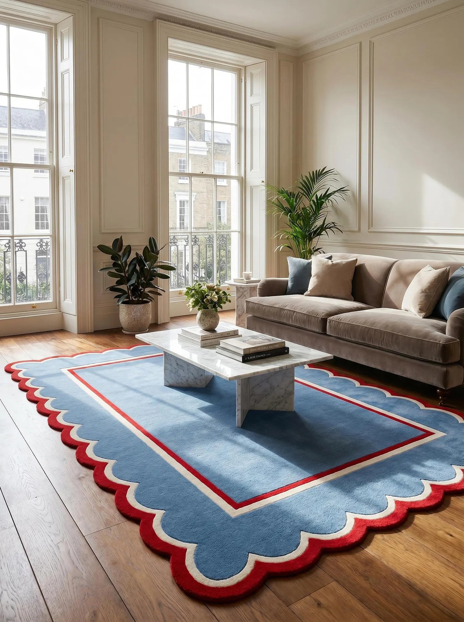 A large blue area rug with a scalloped edge, featuring red and cream borders, styled in a bright, elegant living room with a beige sofa, marble coffee table, and wooden floors.