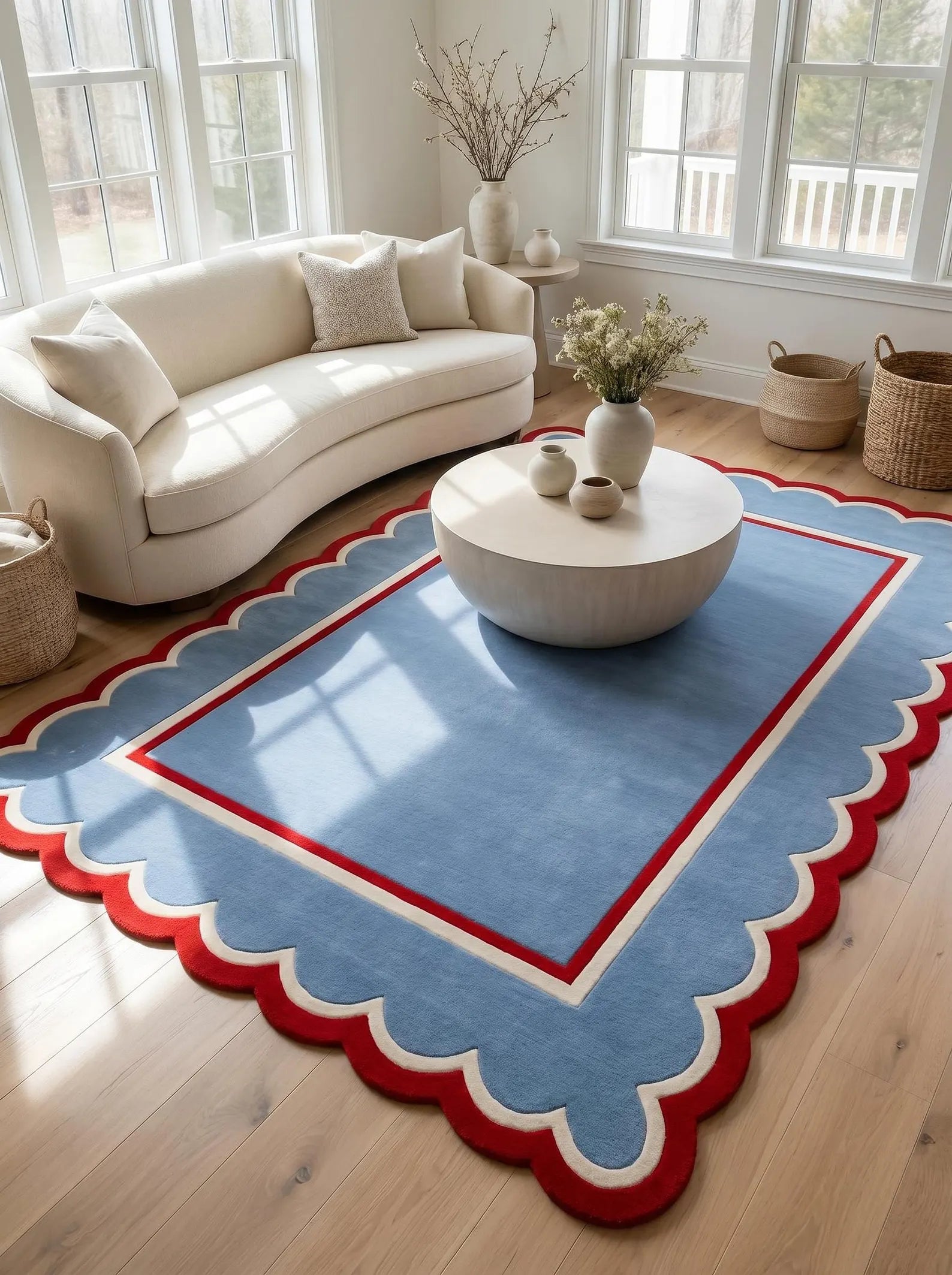 A large rectangular area rug with a scalloped border, featuring a light blue center, a red inner border, and a white outer border. The rug is styled in a bright, modern living room with a cream curved sofa, a round white coffee table, and light wood floors.