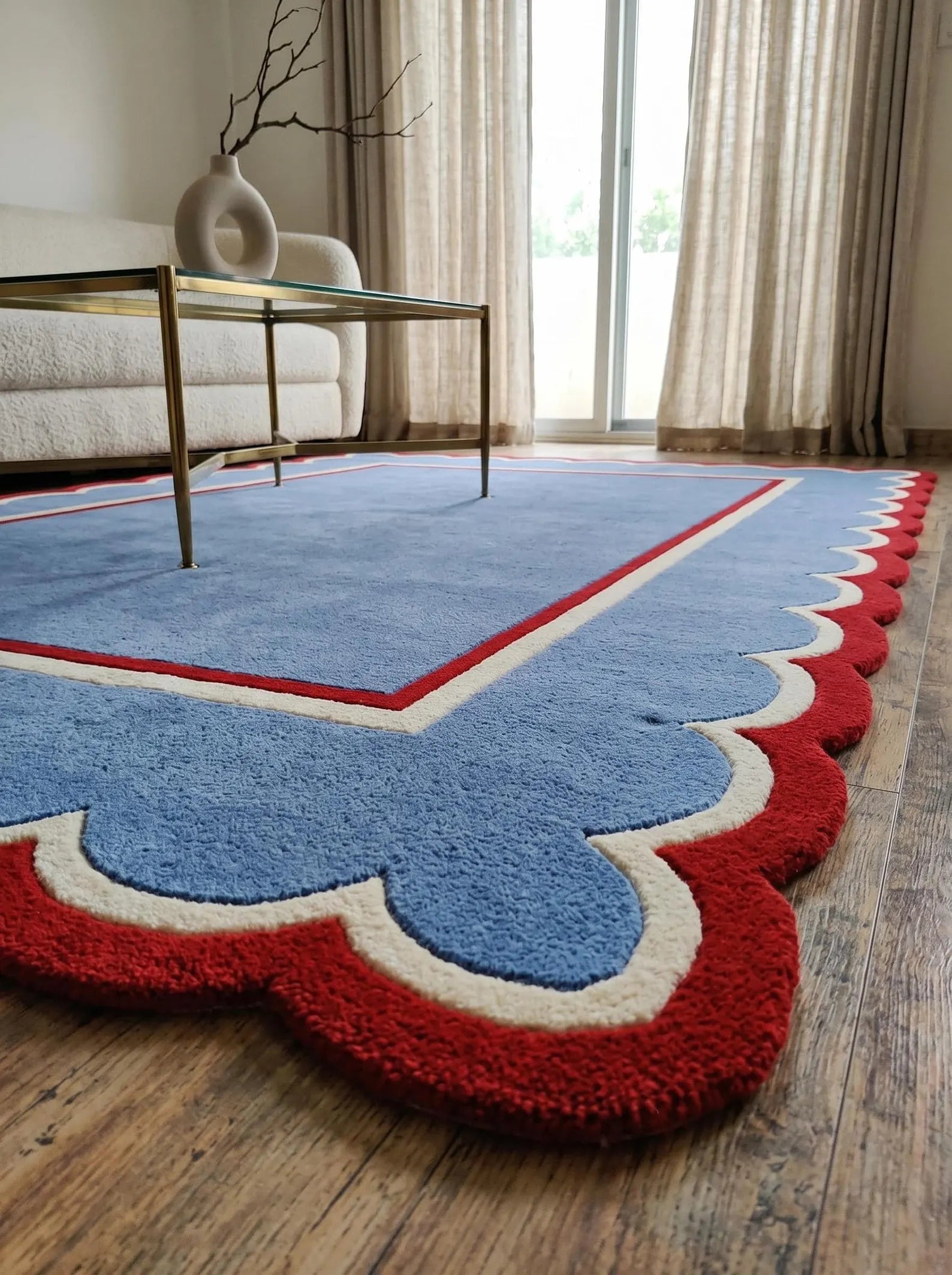 closeup of blue red wool rug
