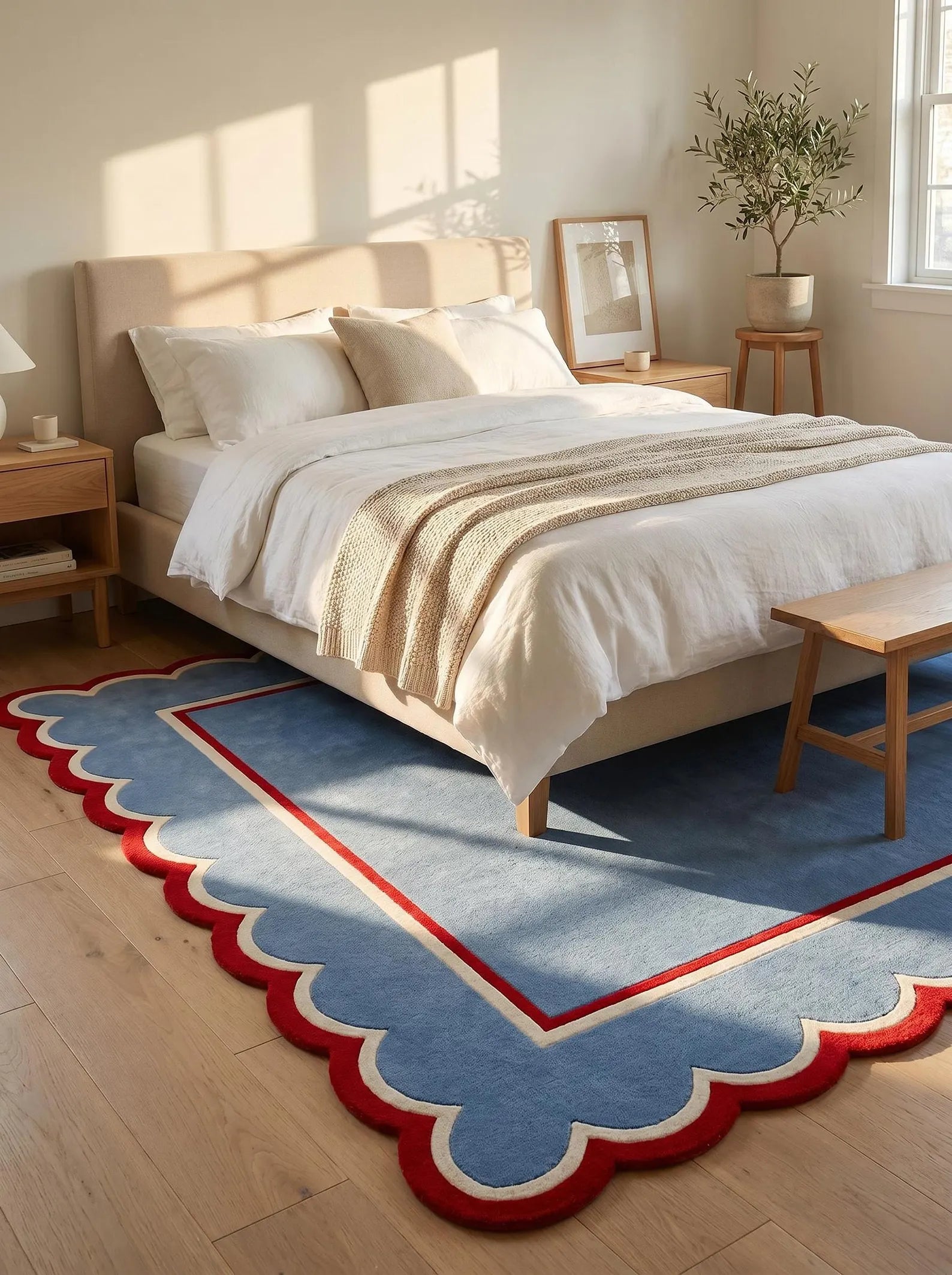 A blue scalloped area rug with red and cream borders, shown on a light wood floor in a sunlit bedroom with a bed, bedside tables, and a bench.