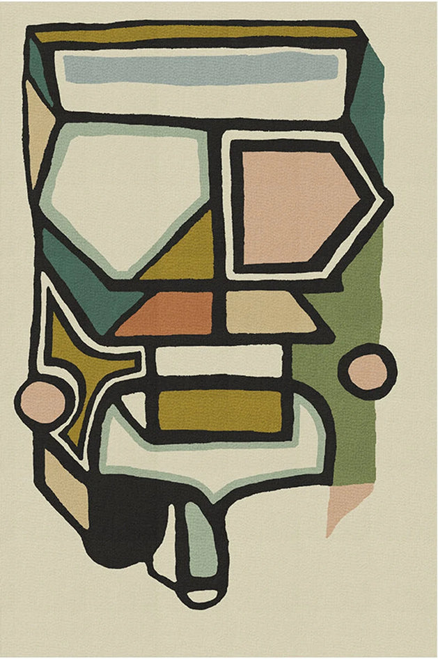 Abstract cubist-style multicolor wool rug with geometric forms and bold lines