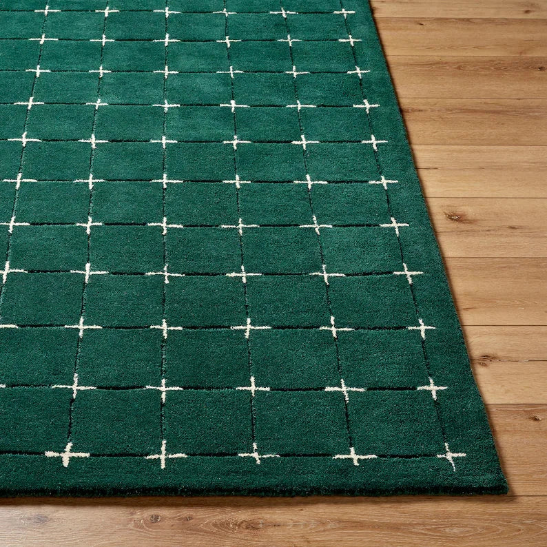 Moss Hand-tufted Rug - Green Grid Pattern
